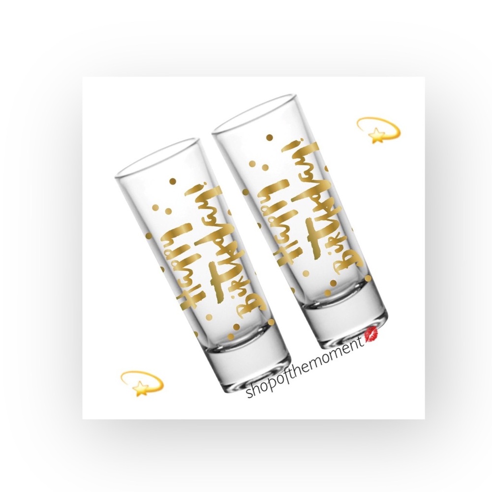 new Happy Birthday Shot Glass Set of 2 ✶ Double Shot Glasses ✶ Gold Foil Print ✶ - Picture 15 of 16